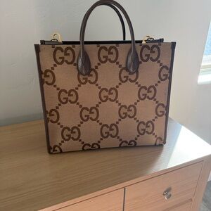 Gucci Jumbo GG Leather and Canvas Tote Bag